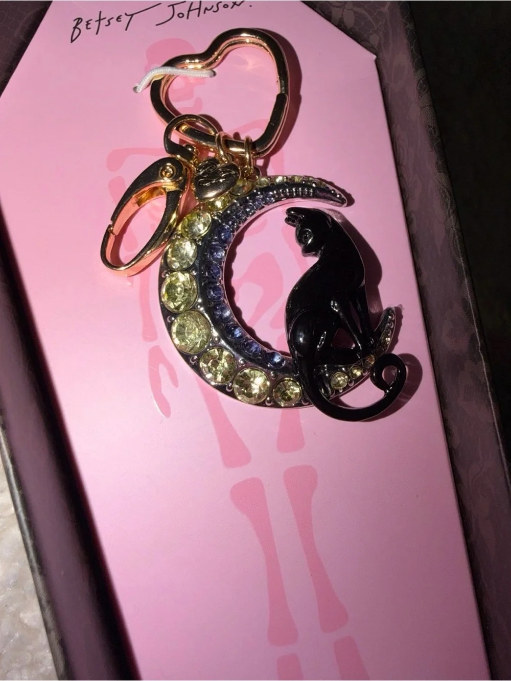 BETSEY JOHNSON Halloween Black Cat & Crystal-Studded Moon Bag Charm Keychain NWT